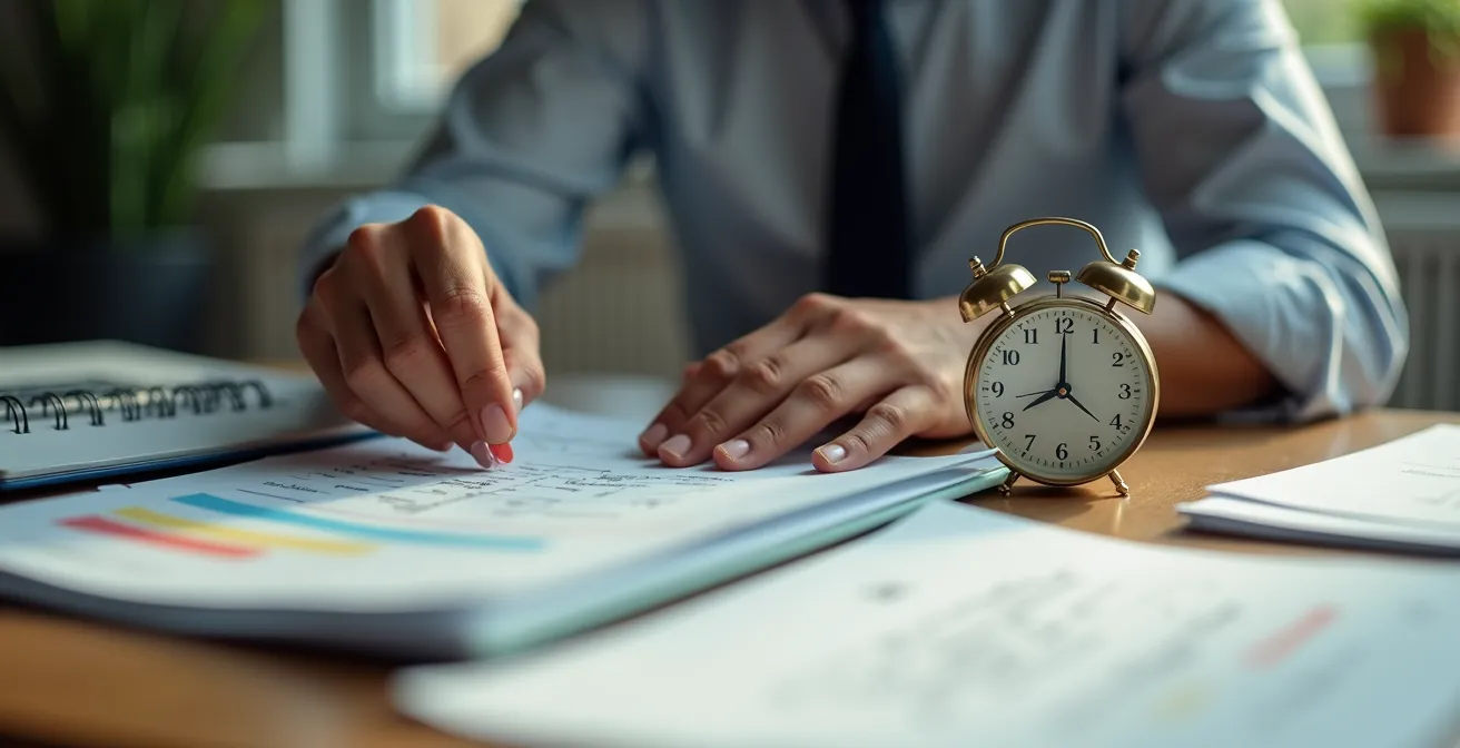 Büroumgebung mit Zeitmanagement-Elementen und Dokumentenorganisation