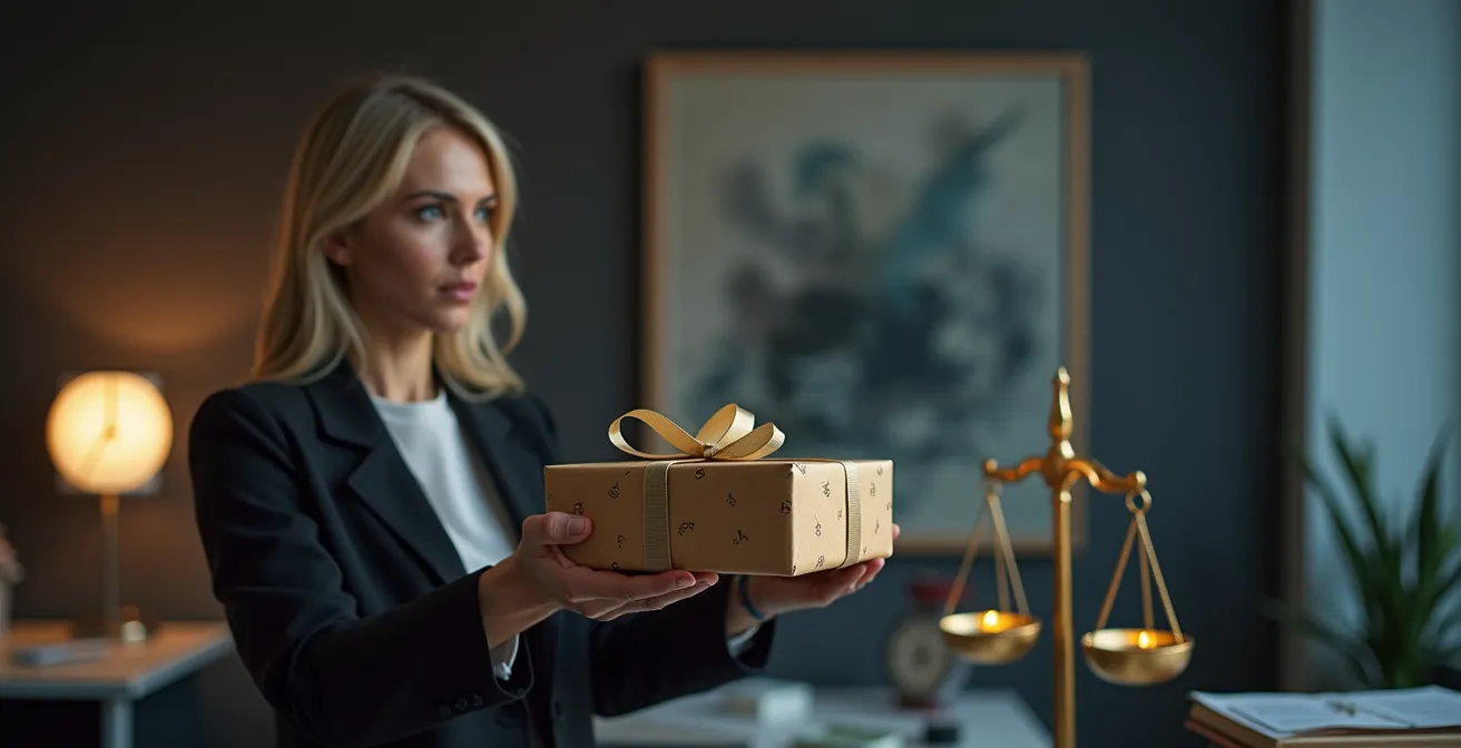 Geschäftsperson betrachtet nachdenklich ein verpacktes Geschenk im Büroumfeld