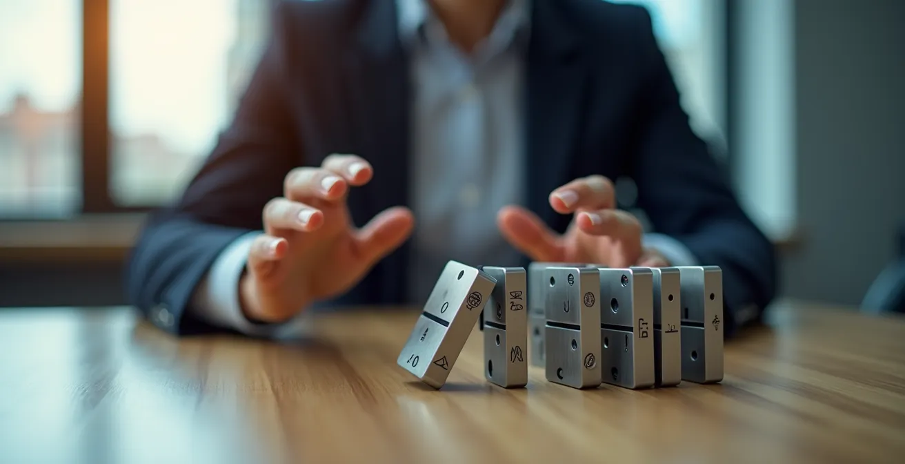 Die Hände eines Geschäftsführers versuchen, eine Reihe fallender Dominosteine aufzuhalten, was die Kettenreaktion bei Zahlungsausfällen symbolisiert.