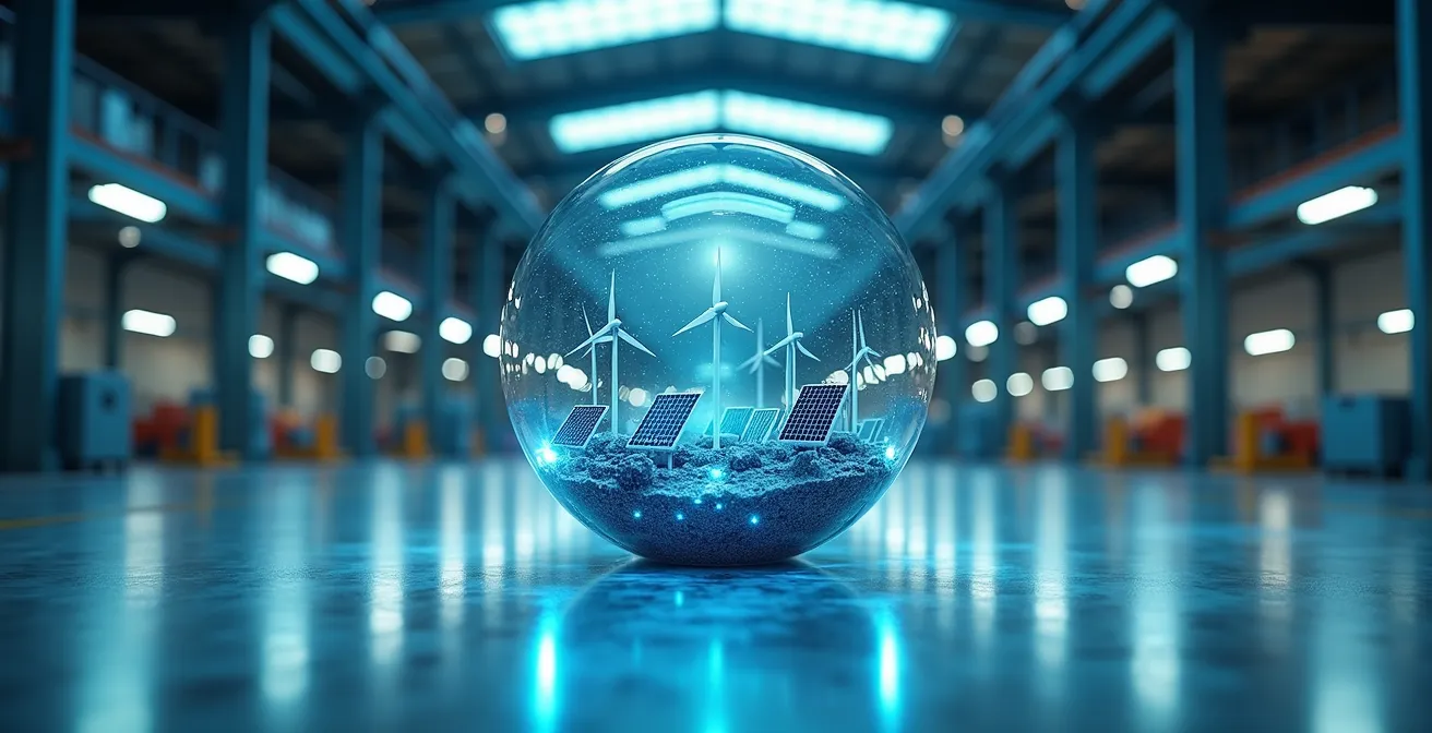 Moderne Industriehalle mit LED-Beleuchtung und Energiespar-Symbolen