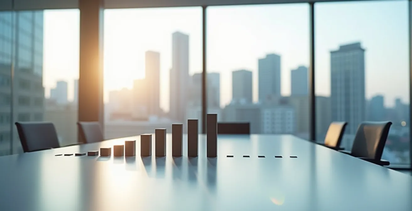 Zeitstrahl mit verschiedenen Exit-Optionen für Business Angels in einem modernen deutschen Büro mit Blick auf die Frankfurter Skyline.