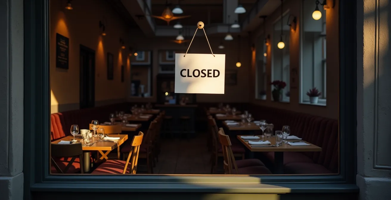 Geschlossenes deutsches Restaurant mit Hinweisschild während behördlicher Schliessung