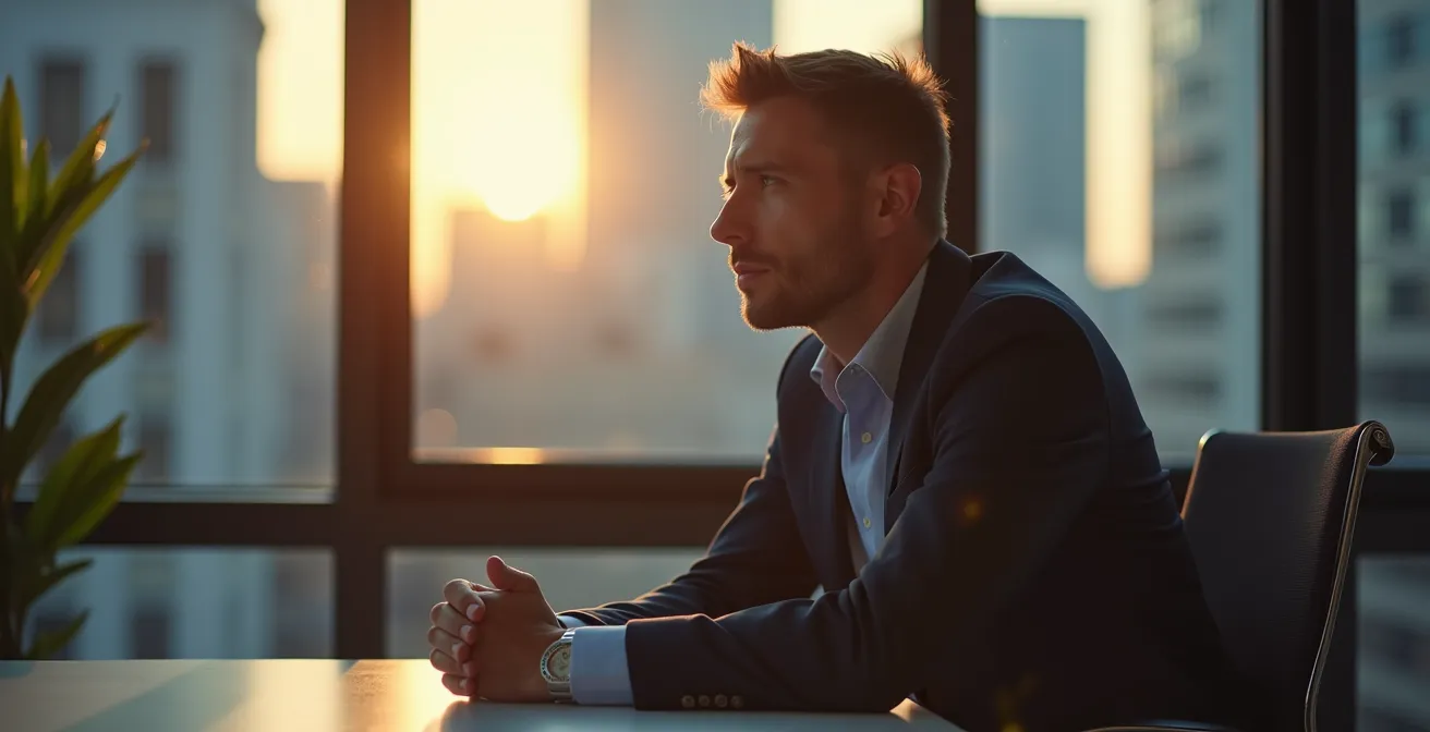 Nachdenklicher Geschäftsführer in leerem deutschen Bürogebäude