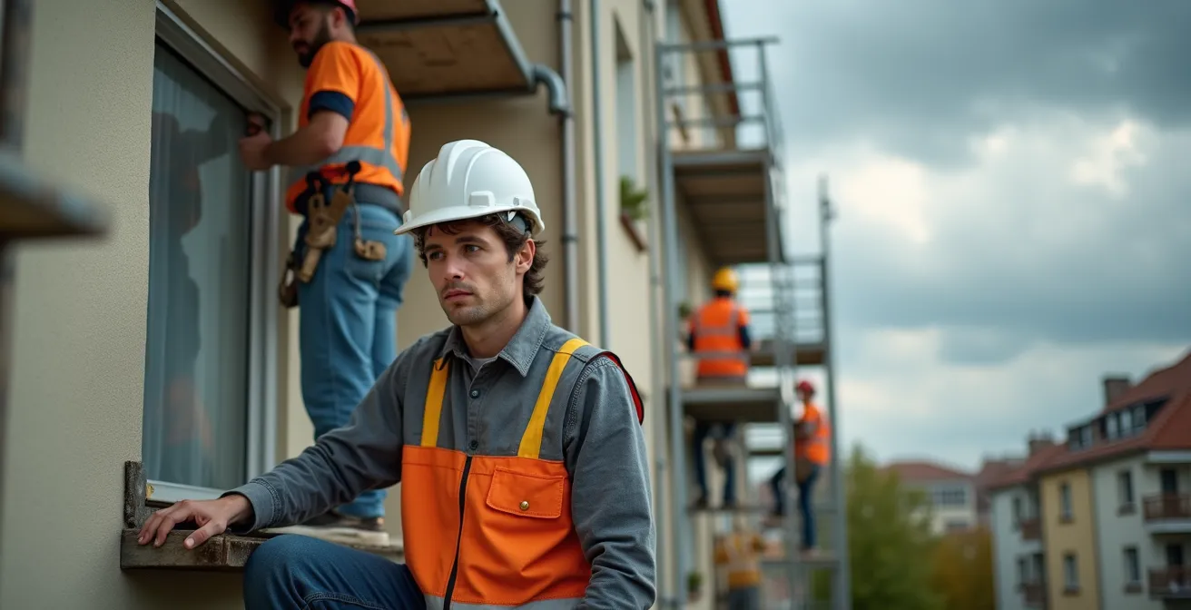 Sanierungsarbeiten an deutschem Mehrfamilienhaus mit Gerüst