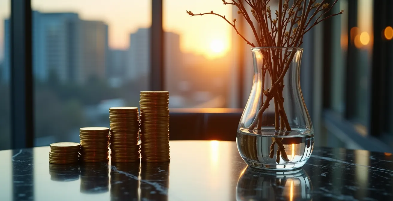 Visueller Kontrast zwischen bilanziellen Gewinnen in Form von Goldmünzen und fehlender Liquidität, symbolisiert durch einen leeren Glasbehälter.