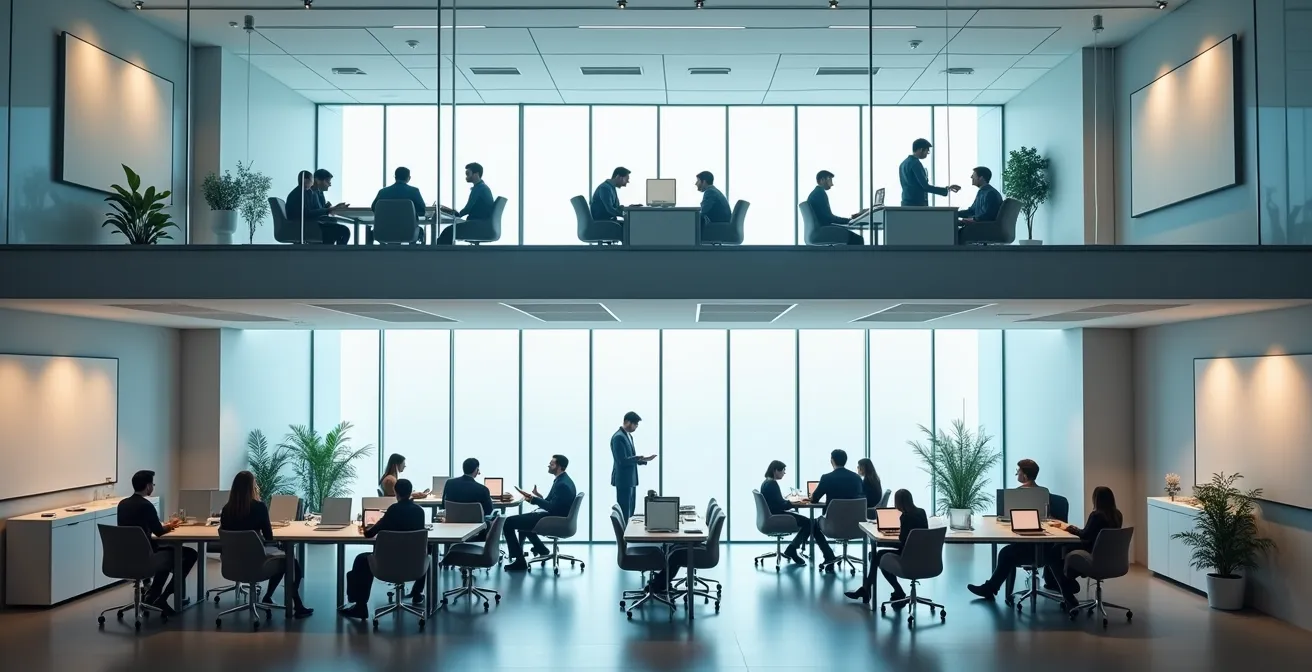 Mehrstufiges Bürogebäude, das unterschiedliche Kommunikationsebenen für Finanztransparenz im Team visualisiert