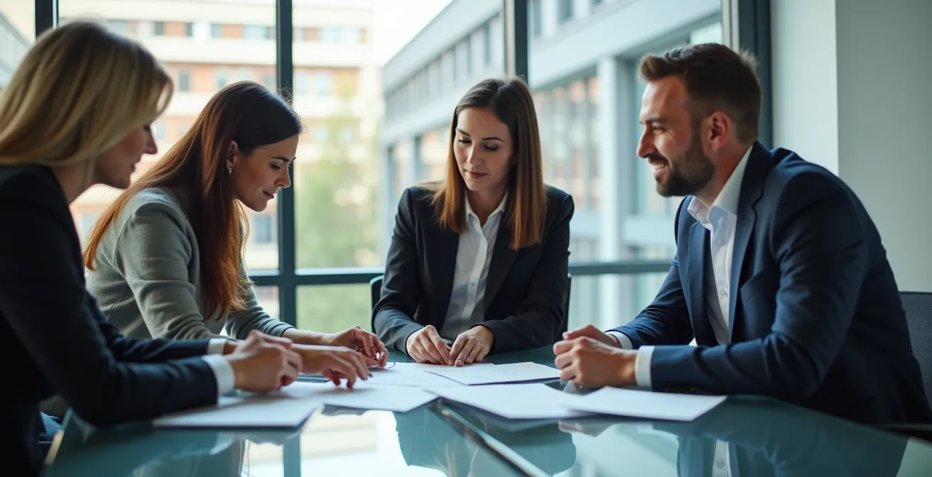 Visualisierung einer ausgewogenen Team-Kompetenzmatrix mit komplementären Fähigkeiten in einem modernen Büro.