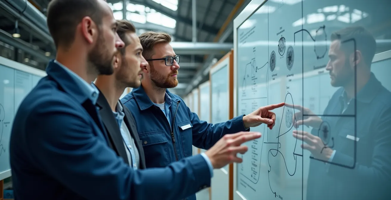 Moderne Produktionshalle mit optimierten Prozessen und Lean-Management-Visualisierung