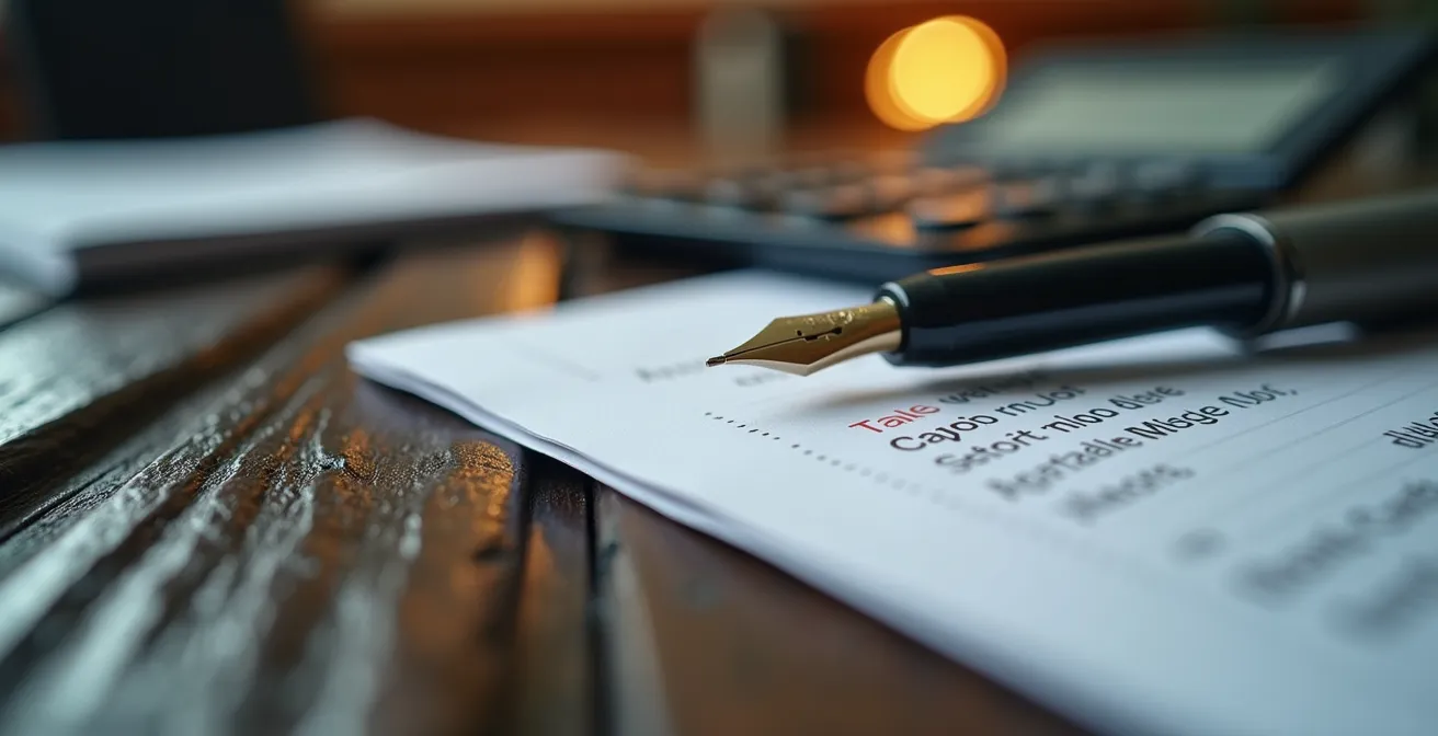 Detailaufnahme von Finanzdokumenten und Taschenrechner auf einem Schreibtisch