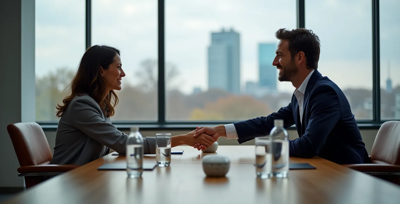 Geschäftsmeeting zwischen Unternehmern und Finanzberatern in elegantem Konferenzraum