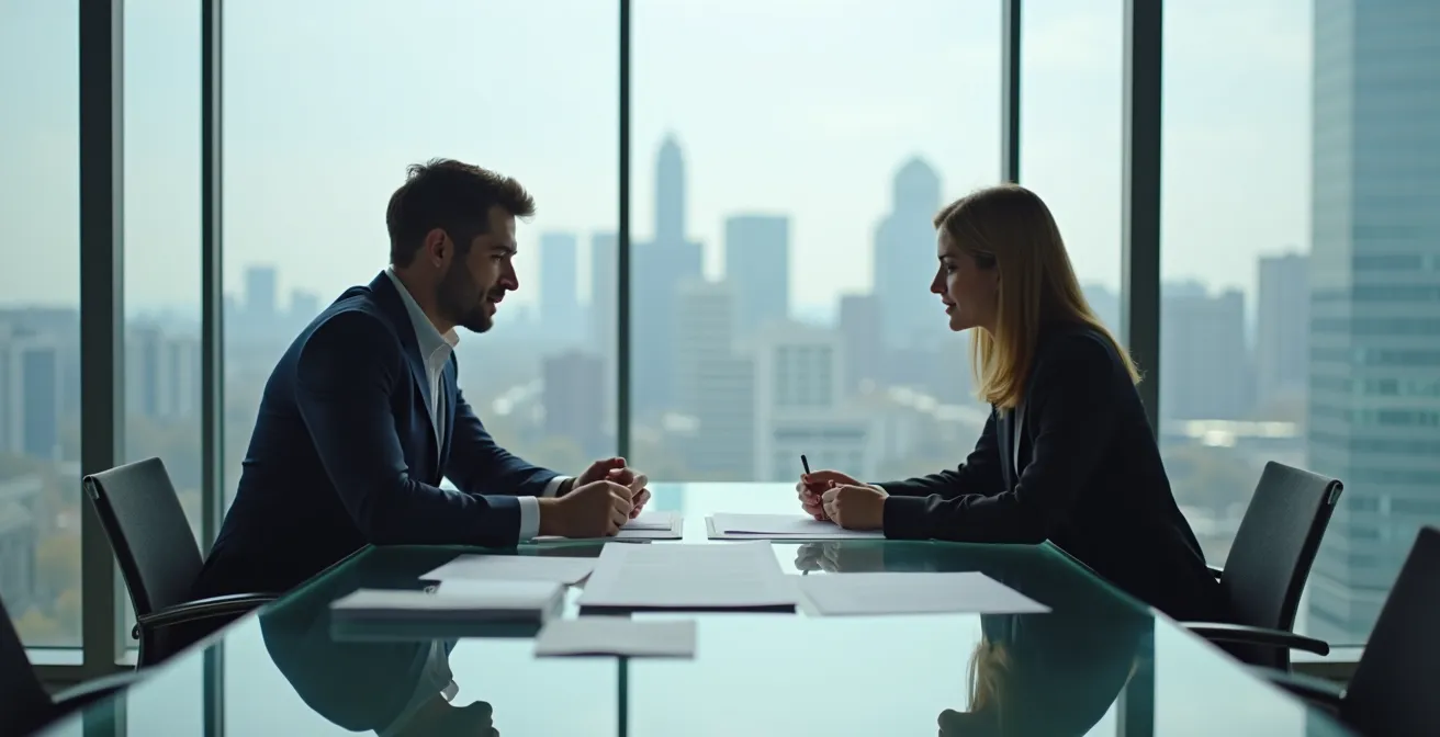 Versicherungsspezialist im Beratungsgespräch mit Unternehmenskunden in deutscher Büroumgebung