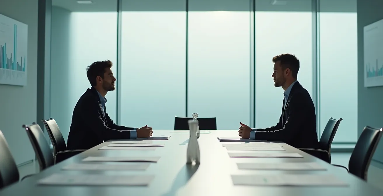 Geschäftsführer und Versicherungsberater in konzentrierter Verhandlung mit Dokumenten