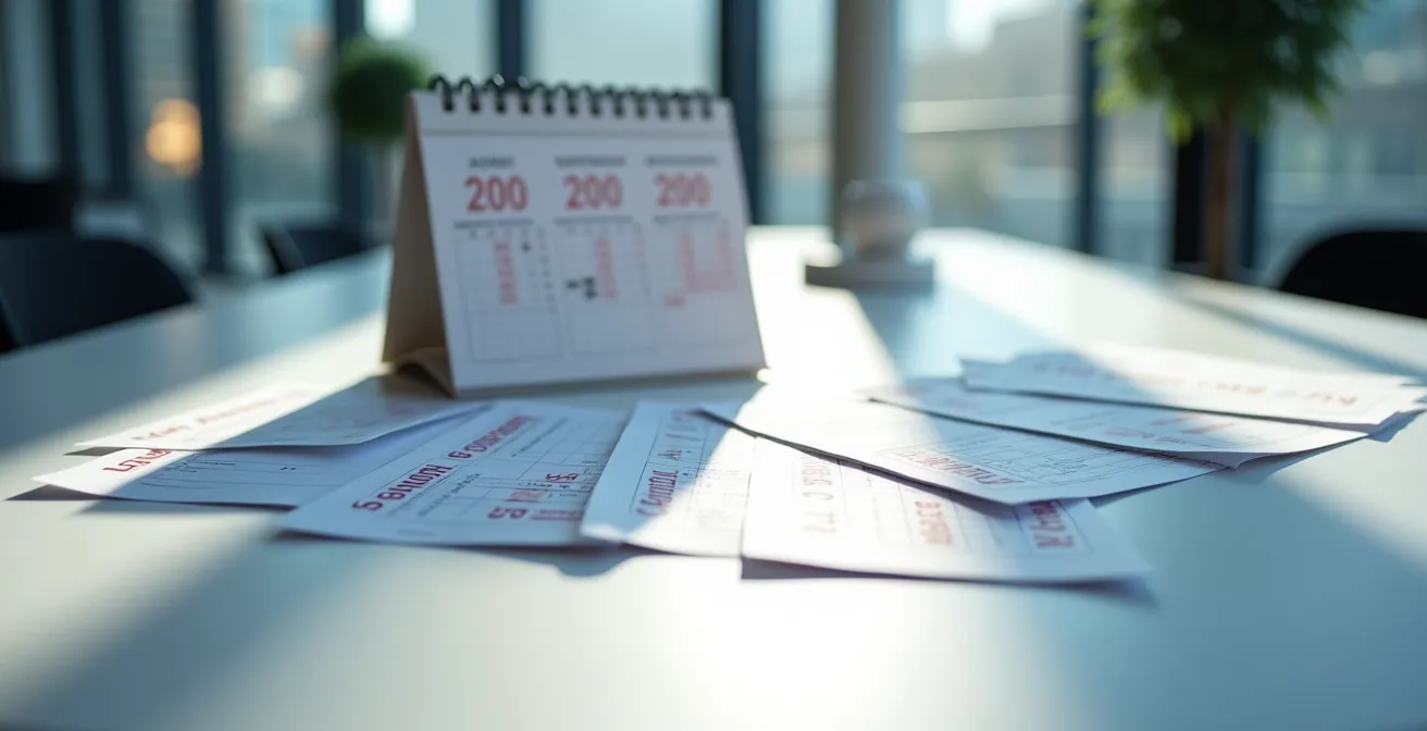 Kalenderblätter und Versicherungsdokumente auf Bürotisch symbolisieren jährliche Vertragsprüfung