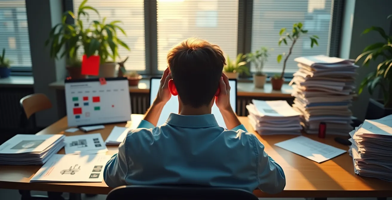 Modernes Büro mit Verwaltungsunterlagen und Warnsymbolen für Versicherungsmeldungen